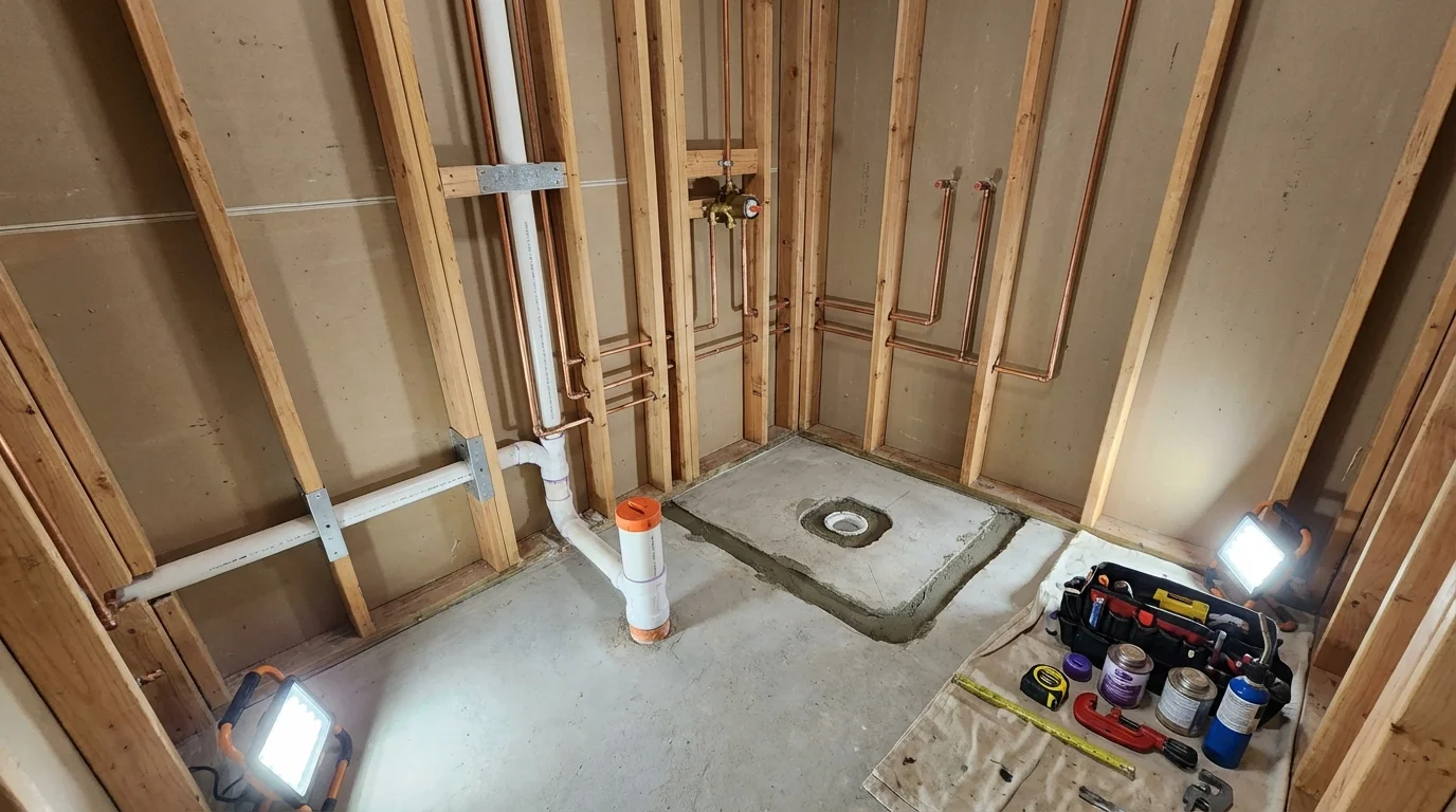 Bathroom rough-in plumbing during remodel by Johns Plumbing LLC in Roseburg