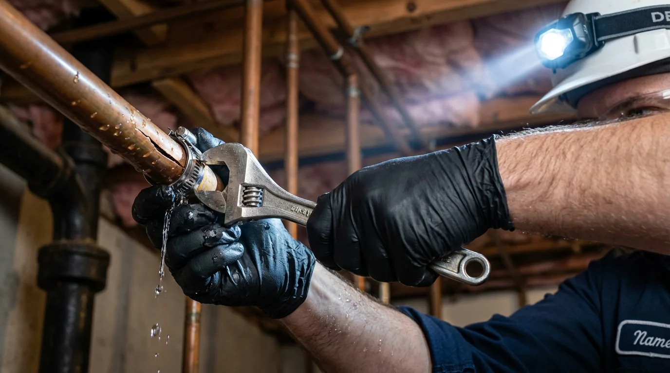 Emergency pipe clamp repair being performed by a Johns Plumbing LLC plumber in Roseburg
