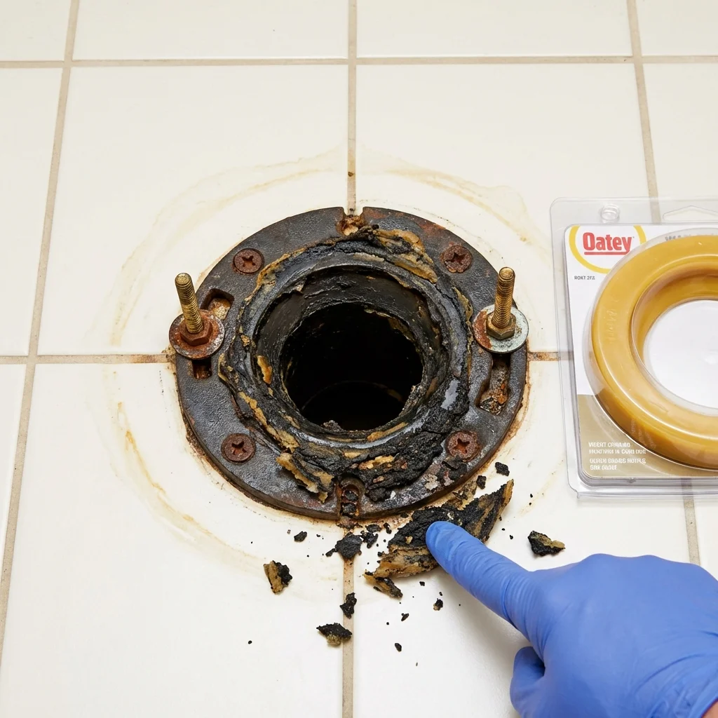 Failed wax ring showing water seepage at the base of a toilet in a Roseburg, OR home