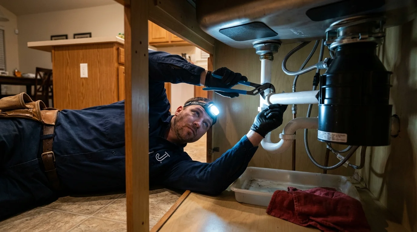 P-trap and supply line connections under a kitchen sink showing a common leak point in Roseburg, OR